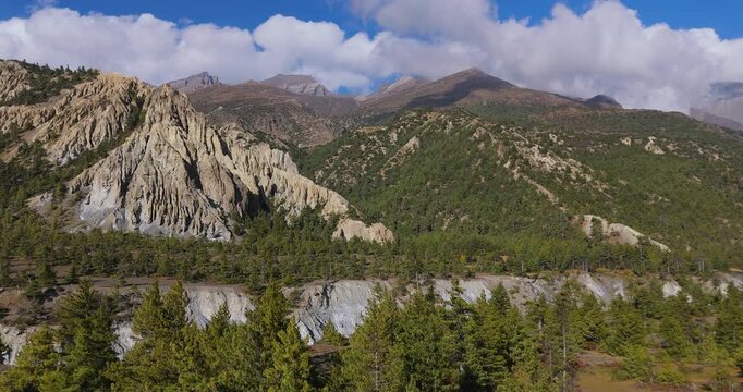 Annapurna Circuit, Manang region, Nepal, drone aerial push-in shot of the winding Marsyangdi River flowing through a deep valley bordered by pine forests and rugged mountain peaks.