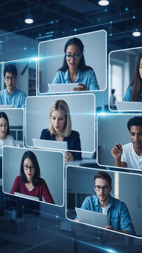 Group of diverse people with laptops and tablets in a video conference. Online meeting and remote work concept for a global team.