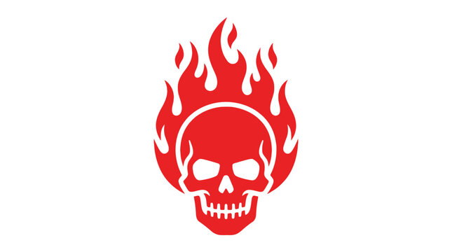 A bold red vector illustration featuring a stylized human skull engulfed in bright flaming fire
