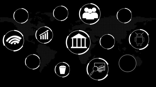 Global network of digital icons links marketplace commerce across a world map. International corporate distribution channels look highly organized over this network layout. Network nodes pulse.