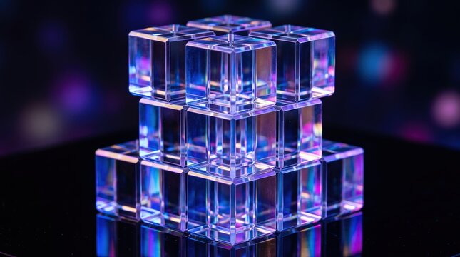 Iridescent precise glass cubes reflecting light with elegant dispersion effect