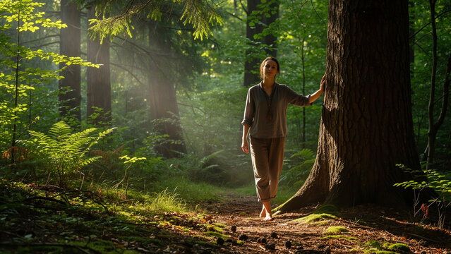 Woman walking barefoot in green forest. Caucasian female touching tree trunk with hand. Nature connection, mindfulness, eco tourism concept.