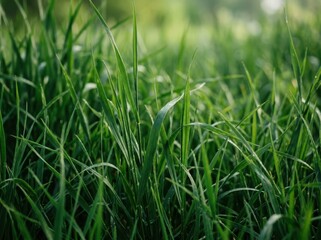 Fototapeta premium Fresh green grass blades growing in a peaceful meadow during a sunny spring day with soft blurry natural light in the background