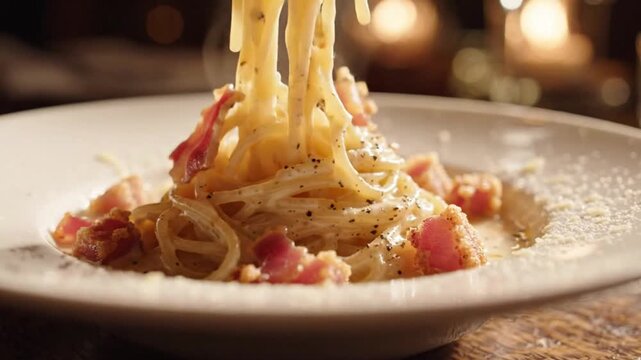 Fresh Spaghetti Carbonara with Crispy Bacon and Grated Parmesan Cheese in a Romantic Candlelit Setting