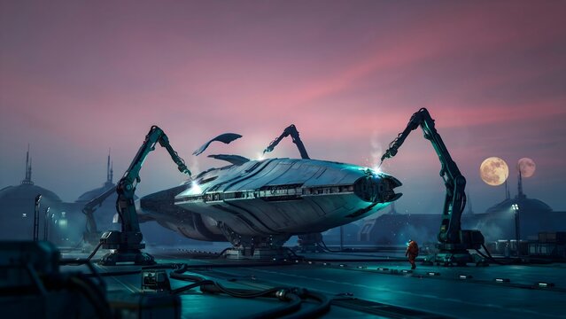 Futuristic spacecraft with mechanical arms on alien planet surface at dusk
