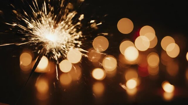 Sparkling firework with warm golden bokeh lights at night