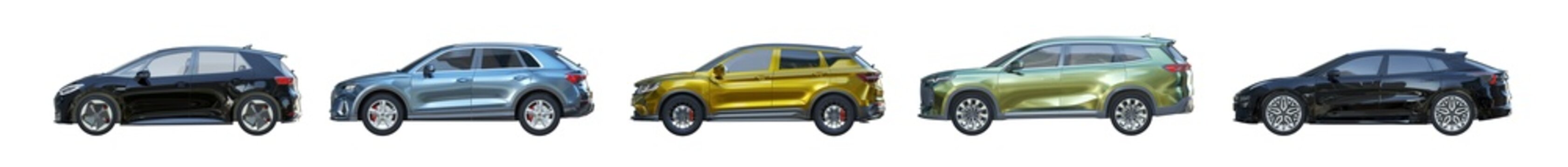 side view of unbranded modern cars in daylight with city reflections isolated png on a transparent background premium cutout (car side cutouts, vehicle elevation assets)