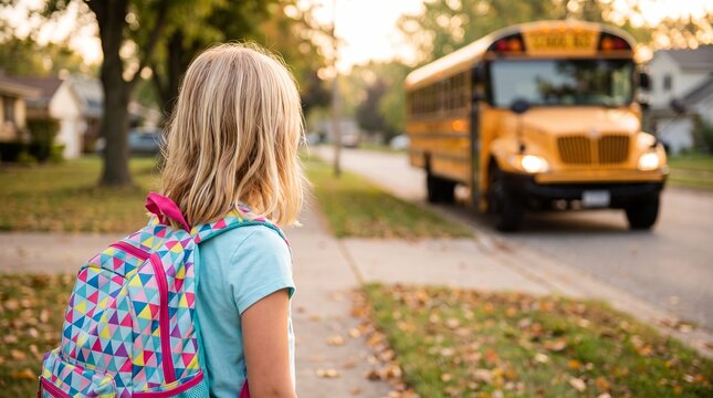 Schoolgirl with colorful backpack watching yellow school bus arrive at the bus stop