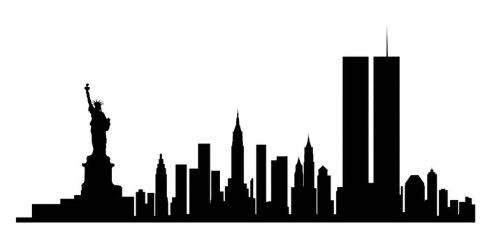 Illustration of the New York City skyline with the Twin Towers, black simple vector style isolated on white or transparent background, 9/11 Patriot Day png cut out