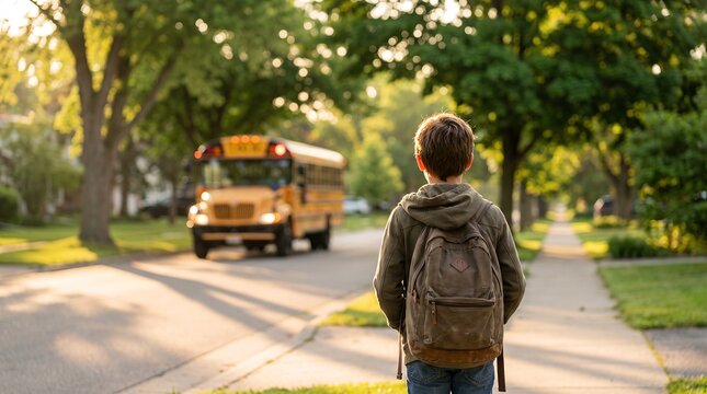 Boy with backpack waiting for a yellow school bus on a sunny sidewalk