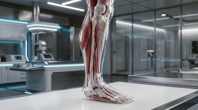 Detailed 3d medical visualization of a human leg anatomy inside a modern research laboratory.