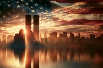 New York city skyline with the Twin Towers at sunset on US american flag textured background, 9/11 Patriot Day concept © Delphotostock
