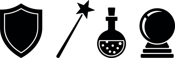  Magic wizard inventory items vector icon set featuring protective shield magic wand elixir potion bottle crystal ball. © MDFARIDUR