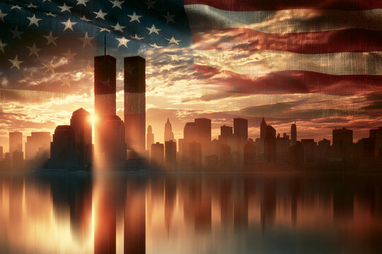 New York city skyline with the Twin Towers at sunset on US american flag textured background, 9/11 Patriot Day concept