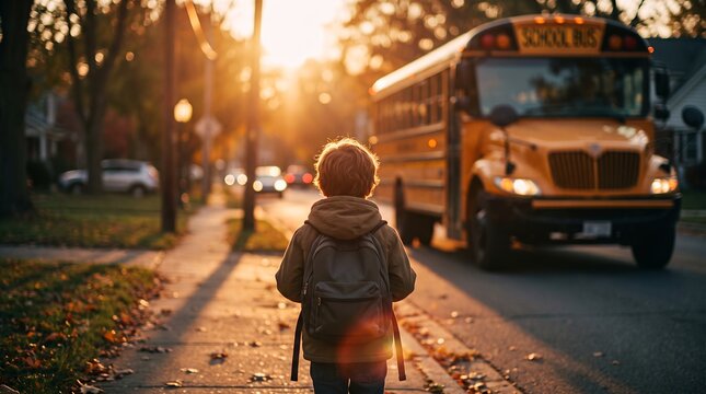 Boy with backpack waiting for a yellow school bus on a sunny sidewalk