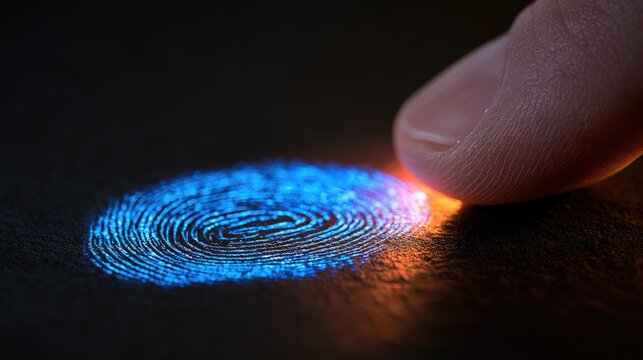 A glowing blue fingerprint is scanned by a fingertip on a dark surface