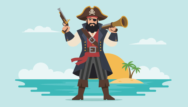 Bearded cartoon pirate captain holding a pistol and a blunderbuss rifle standing on a beach with an island in the background.