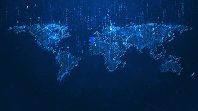 Global binary network map background with blue world outlines, falling code columns, and connected digital nodes. Perfect for data videos, cyber titles, telecom screens, AI promos, and overlays.
