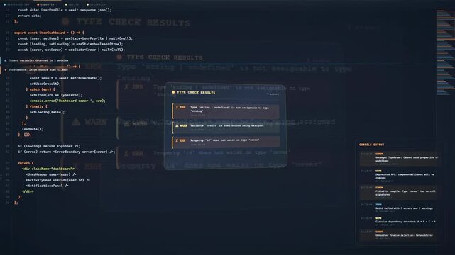Close up of computer screen showing software development code with type check error messages