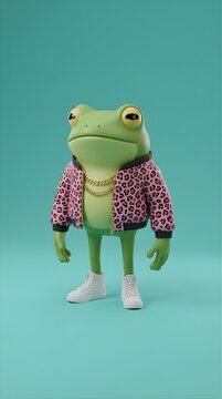 Character design of green frog wearing leopard print jacket and gold chain.