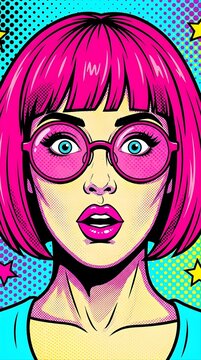 Colorful pop art illustration of surprised woman with pink hair.