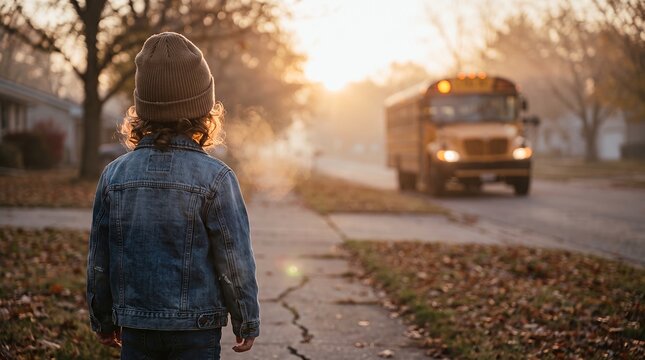 Boy with colorful backpack waiting for a yellow school bus in the morning