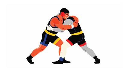 Obraz premium two wrestlers engaging in a competitive match with dynamic poses in red blue yellow gray colors on a white background