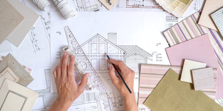 Architect creating a sustainable home design with blueprints, floor plans, material samples and color swatches, combining residential architecture, biophilic design and renovation planning.