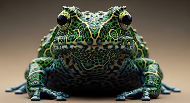 Detailed frog portrait. Colorful amphibian sitting alert. Studio shot