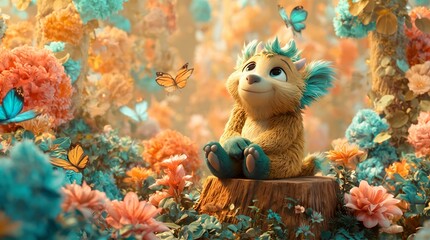 Naklejka premium Cute fantasy creature sitting on a stump surrounded by butterflies and flowers