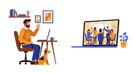 Fototapeta premium Remote Worker Participating in Online Video Conference Meeting with Office Colleagues from Home Office Illustration
