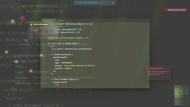 Digital screen displaying complex computer programming code with syntax highlighting and software development errors