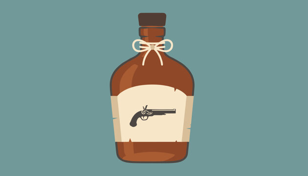 Vintage brown glass bottle of rum with a pistol illustration on the parchment label and a string tied around its neck.