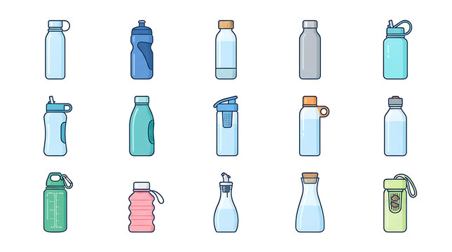 Assorted colorful water bottles and cups isolated