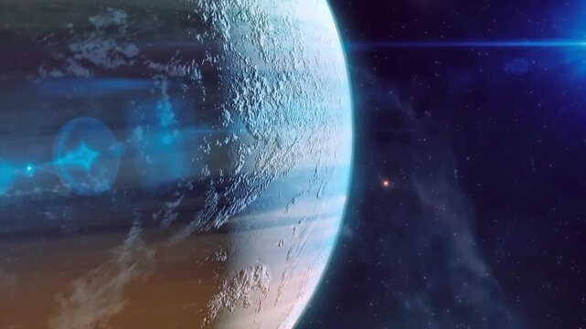 Cinematic 4K animation of a blue icy planet with detailed atmosphere floating in deep outer space.