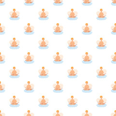 Fototapeta premium Seamless pattern with cute cupid cherub angels floating on blue clouds with bows