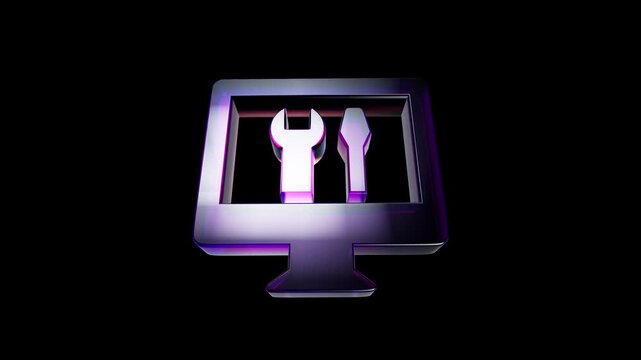 Glowing 3d computer monitor icon with a wrench and screwdriver symbol for technical support 3D Icon