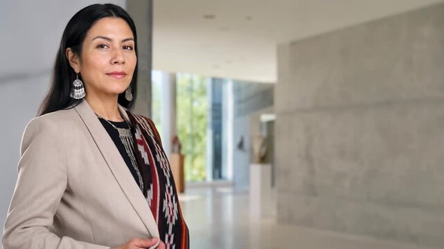Confident Mapuche businesswoman standing in a modern office with copy space