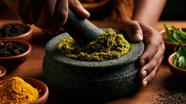 Hands grinding spices in a stone mortar with surrounding bowls of ingredients