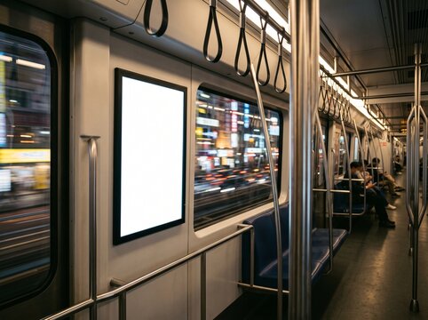 Blank rectangular advertising poster frame mounted on the interior wall of a modern subway train carriage with blurred city lights visible through the dark windows