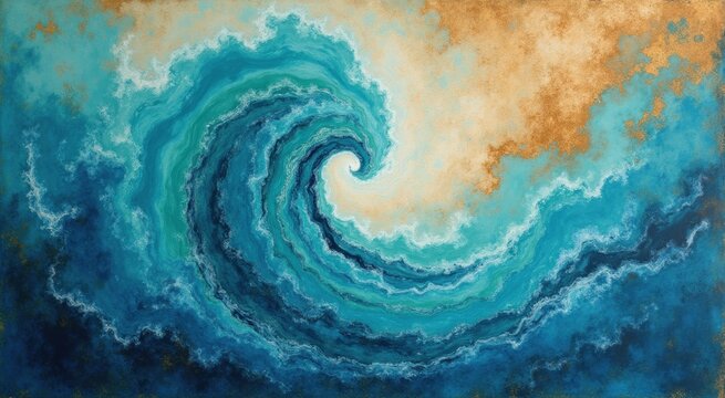 Painting of a large wave in a blue and gold ocean