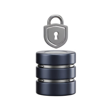 A 3D render of a metallic shield padlock floating above dark blue database storage cylinders isolated on a white background.
