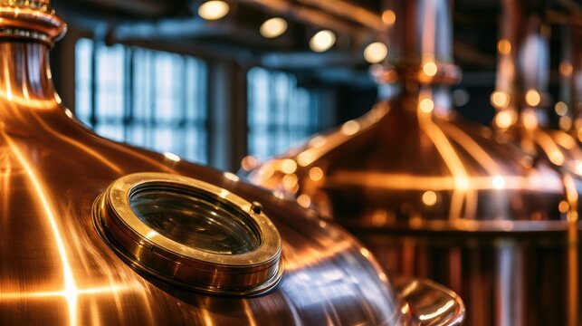 Gleaming copper stills with round inspection windows reflect warm light
