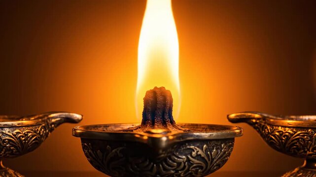 Three burning brass oil lamps for Diwali celebration.