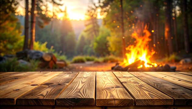 Wooden table foreground campfire forest sunset