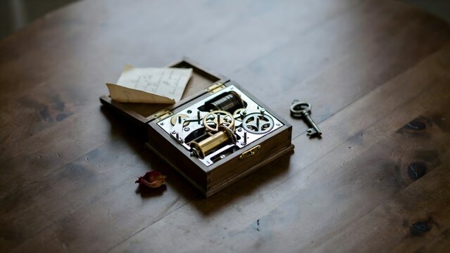 Vintage mechanical puzzle box with gears and small notes on polished wooden surface