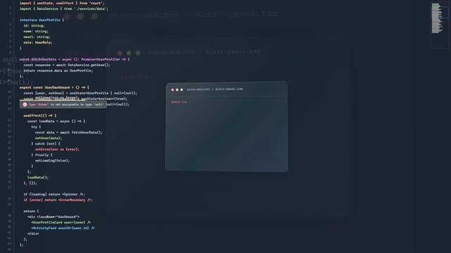 Close up of computer screen showing complex software code with red error messages and debugging