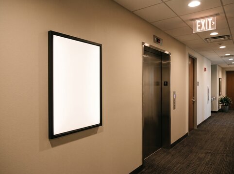 Empty black rectangular picture frame mounted on a smooth beige wall located in a modern hallway with a metal elevator door and bright ceiling lights