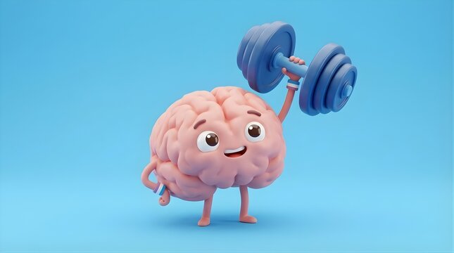 Cute cartoon brain character lifting heavy blue dumbbell on blue background.