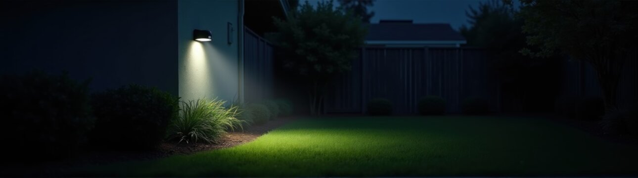 View of a yard with a lawn and a light on motion sensor light